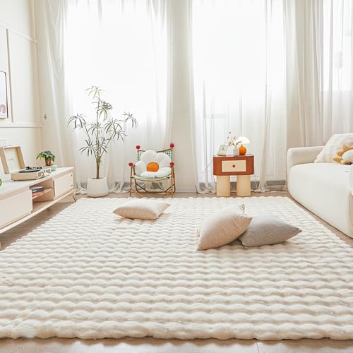 White Creamy Rabbit Plush Area Rug for Bedroom Living Room Sofa,8’X10′ Faux Fur Fluffy Shaggy Rectangular Square Rug for Kids Teen Girls Room,Furry Carpet Rug for Nursery Baby Room Decor for Teenage