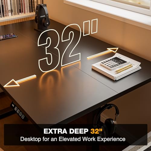 Image of Grandder 47x32 Large Electric Standing Desk, Height Adjustable Computer Desk with 2 Memory Presets, 31.5 inch Deep Desktop Sit Stand Desk Home Office Desk Workstation Table with Hooks, Black