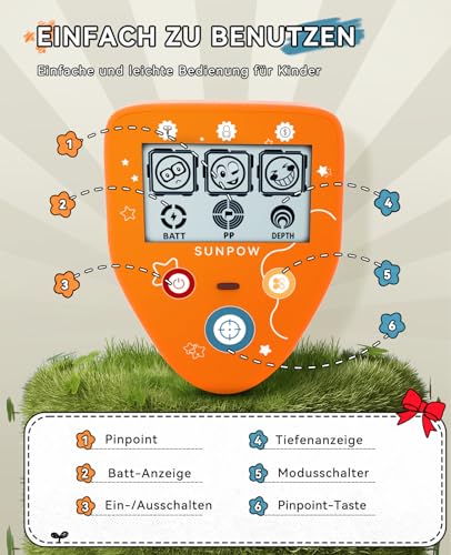 SUNPOW Metalldetektor für Kinder - Exklusive Cartoon-LCD-Anzeige, IP68 wasserdichte Spule, Unisex Design, 3 Modelle (All Metal/Disc/Pinpoint Mode), 32-40 Zoll Verstellbarer Stiel für Kinder 5-12 2