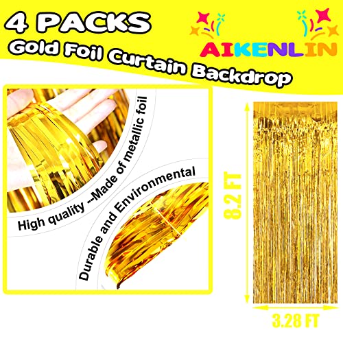 Image of 4 Pack 3.2Ft x 8.2Ft Gold Foil Fringe Curtain Backdrop, Metallic Tinsel Foil Fringe Streamers Curtains Background for Photo Booth, Birthday, Wedding, Halloween, Christmas Party Decoration