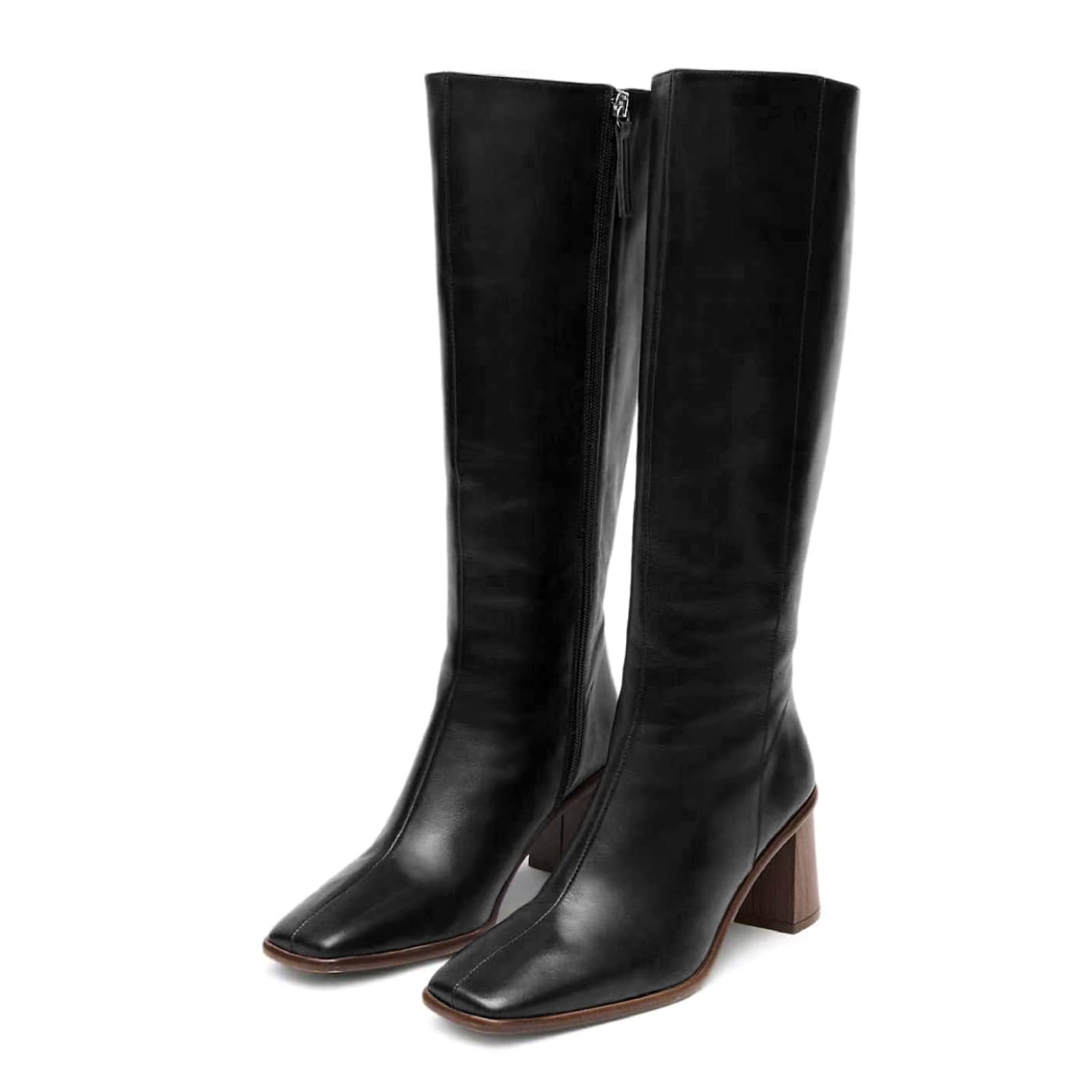 SOVANYOU Knee High Boots for Women Faux Leather Chunky High Heel Tall Boot Fashion Square Toe with Side