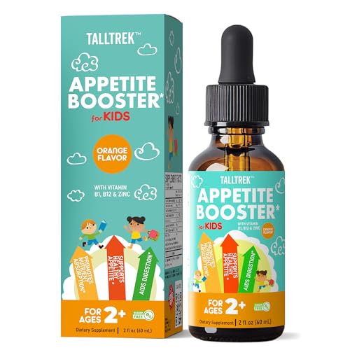 TallTrek Appetite Booster for Kids - Toddler Healthy Appetite Nutrient Support Digestive Health with Vitamins B1 B3 B6 B12 Zinc L-Lysine for Ages 2 up - Sugar-Free Liquid Drops Orange Flavor 2 fl oz