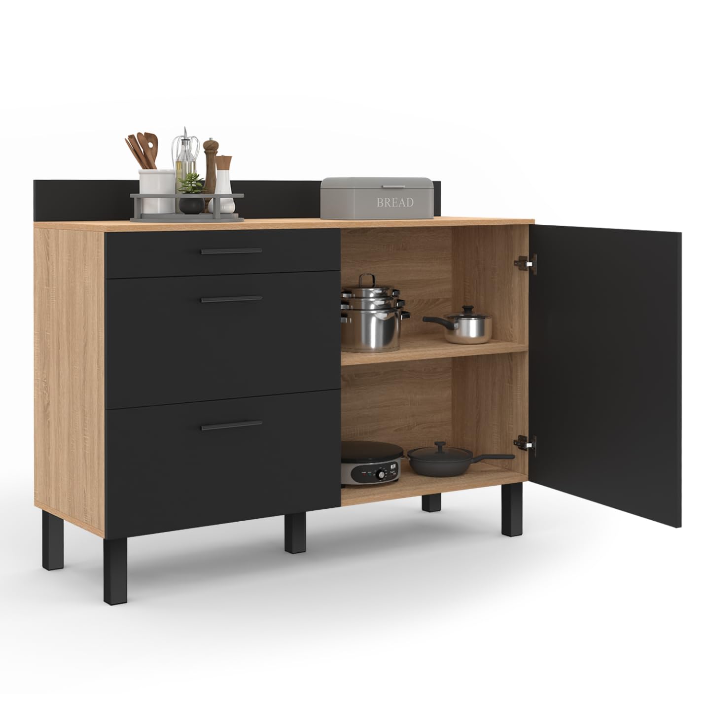 IDMarket - Buffet Bas casserolier de Cuisine 120 cm CINA Plan de Travail H.83 cm 1 Porte + 3 tiroirs façon hêtre et Noir