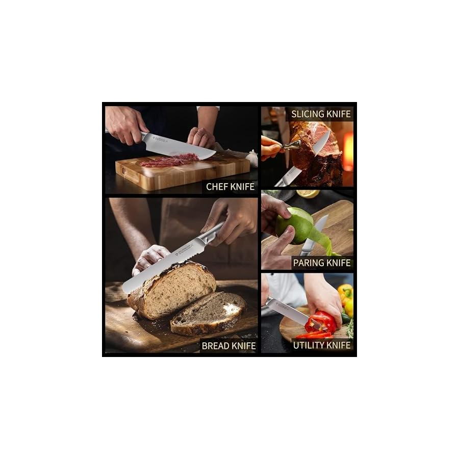 Block Knife Set, 15 PCS German Stainless Steel Sharp Kitchen Knives with Black Acrylic Stand, Professional Chef Knife Set with Steak Knives, Sharpener and Scissors