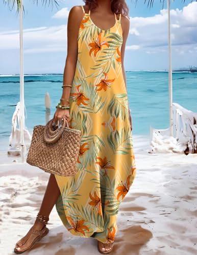 Image of Zeagoo Women's Casual Sundress Summer Maxi Sleeveless V Neck Split Boho Beach Dress Travel Vacation Dress with Pockets