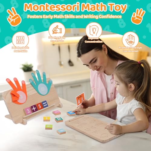 Montessori Learning Toys for Toddlers 2-4, Double-Sided Finger Counting & Number Tracing Board, Colorful Number Blocks, Solid Pine Wood Educational Math Toy for Kids Boys Girls Ages 1 3 5 Year Old - Image 4