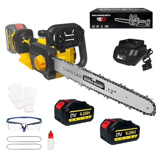 L1NXIXI Electric Chainsaw Cordless, 12 Inch Cordless Chainsaw, Max Speed 39.37 Ft/s, Brushless Motor, Battery Powered Chain Saw with 2 Spare Chains, 2x 4.0Ah Battery and Charger, for Cutting Trimming