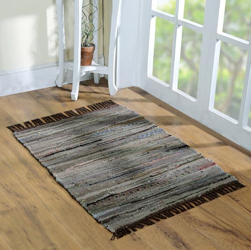 Cotton Rag Rug 24''x36''- Multicolor Chindi Rug - Hand Woven Washable & Reversible for Living Room Kitchen Entryway with Tassel (Brown-Multi)