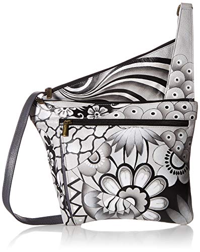 Anna by Anuschka Handpainted Women's Genuine Leather Asymmetric Slim Crossbody Bag with Zippered Pockets and Adjustable Strap