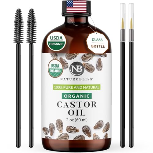 NaturoBliss 100% Pure Organic Castor Oil, Expeller-Pressed, Hexane-Free, Premium Carrier & Beauty Oil for Hair Growth, Eyelashes & Eyebrows, Skin Moisture, with Beauty Starter Kit – 2 oz