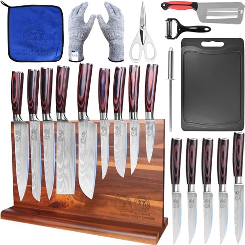 XYJ Knife Block Set,Stainless Steel 14Pcs Knives with Block,Honing Steel,Cutting Board,Gloves,Scissors,Steak Paring Slicing Boning Carving Santoku Nakiri Bread Kitchen Knife Set,Wood Handle