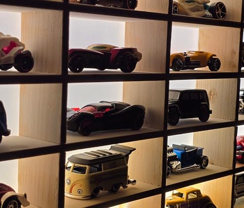 Image of BestofCRAFT Wooden Display for Cars LED 20-Compartment Die Cast Case - Polished Smooth Finish Display for 1:64 | Rack for Hot Wheels, Matchbox & Miniature Cars