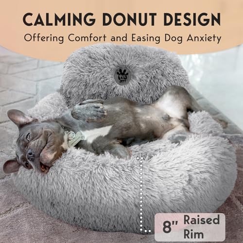 PetJett-Calming-Dog-Bed-Donut-Dog-Beds-for-Small-Medium-Large-Dogs-Anti-Slip-Washable-Round-Dog-Bed-Fluffy-Plush-Faux-Fur-Pet-Bed-Anti-Anxiety-Puppy-Bed-23-Fits-Up-to-25-lbs-Pets-Grey
