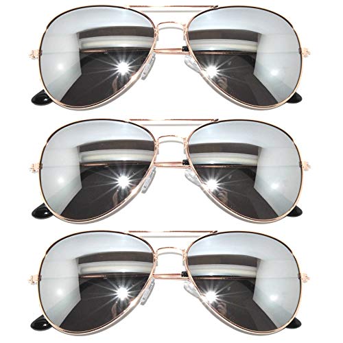 Image of OWL Set of 3 Pack Aviator Style Sunglasses Colored Metal Frame Mirror Lens Smoke Lens