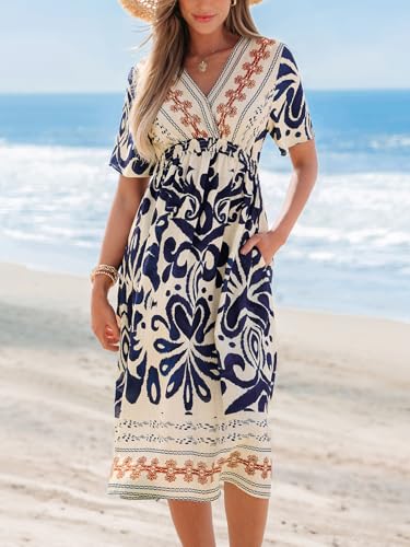 Image of CUPSHE Summer Womens Summer Dresses V Neck Short Sleeve Vacation Casual Smocked Beach Midi Wedding Guest Dress