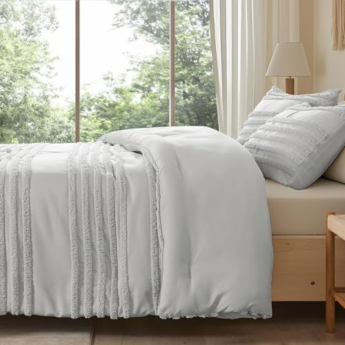 Image of BEDELITE Boho King Size Comforter Set - Light Grey Tufted Striped Bed Set 3 Pieces, Soft Vintage Farmhouse Comforter for All Seasons, Boho Home Decor,Fluffy Jacquard Bedding with Pillow Sham