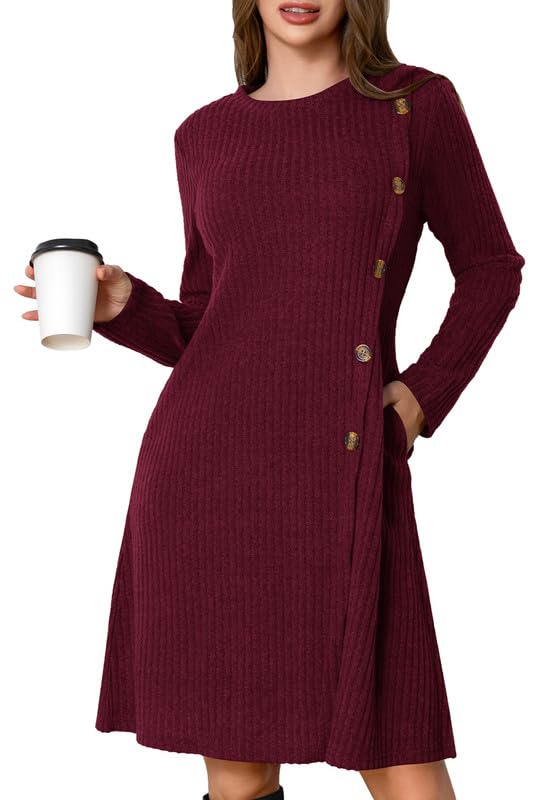 Ritiriko Pullover-Kleider für Damen, Winter, langärmelig, Kausale Knöpfe, Seitliches Tunika-Pullover-Kleid mit Taschen Herbst Kleider Damen Rot XL