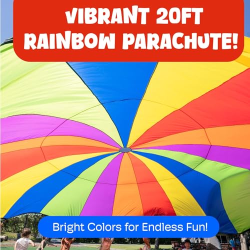 Image of Activejoy - Parachute for Kids - 8ft /12ft / 16ft / 20ft / 24 ft / 30ft - Rainbow Parachute Toy with Handles - Great for Gym Class, Field Day & Outdoor Games