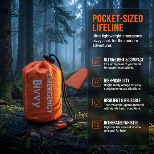 2 Paquetes de Bolsa de Dormir de Supervivencia de Emergencia con Silbato, Portable, Impermeable, Térmica, Reflejante, para Camping al Aire Libre (Naranja + Silbato) miniatura 2