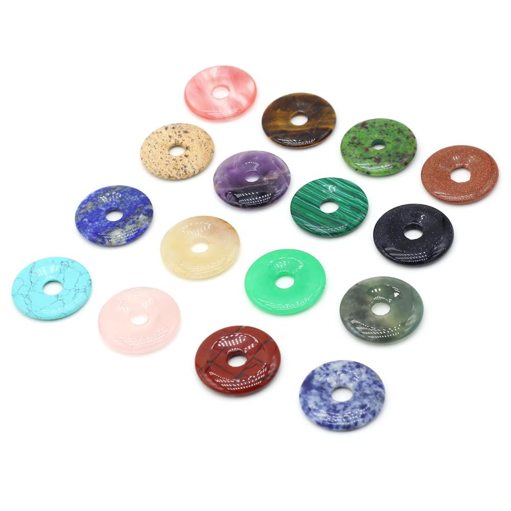 LHJ Natural Stone Bead Pendants Central Hole Ring Shape Mixed Stone Charms Ping Buckle Agate Crystal Stone for Jewelry Making Necklace Key Pendant