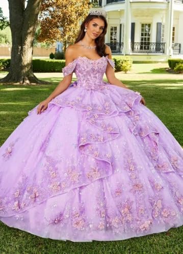 3D Flowers Lace Appliques Quinceanera Dresses Beaded Ruffles Ball Gown Off Shoulder Puffy Tulle Sweet 16 Dresses3