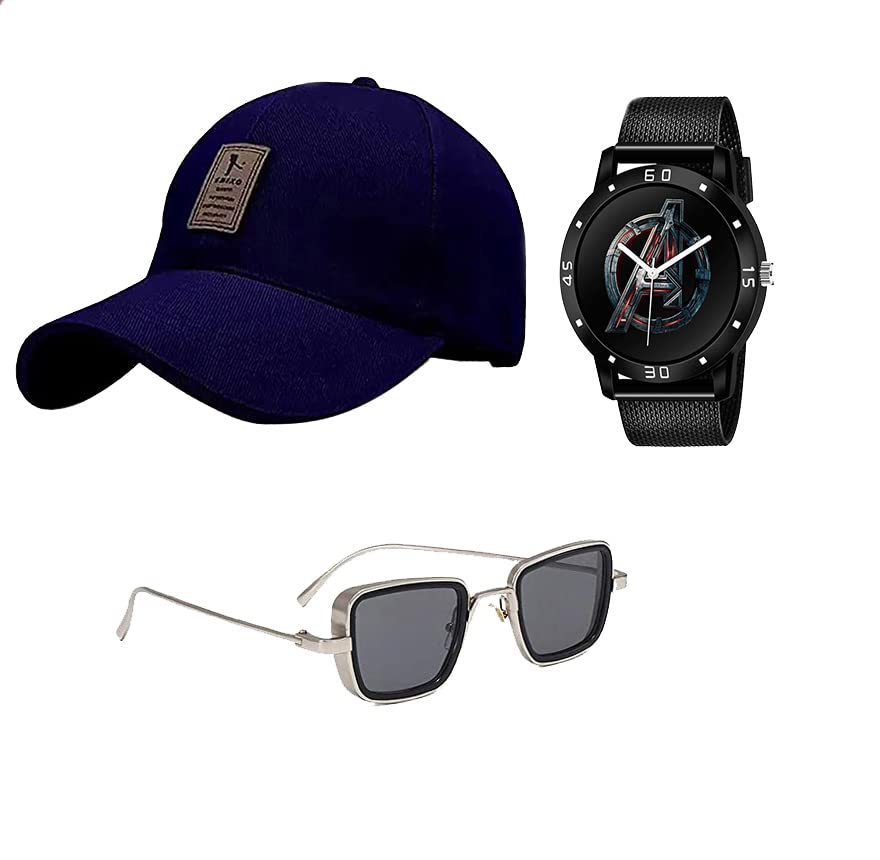 Mee Trend Blue Baseball Cap+ Black Silver Sunglass & Watch Combo for Men, Women, Boys .(Pack of 3)