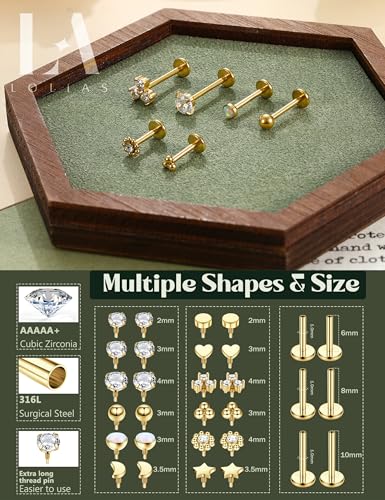 16G 18G Flat Back Stud Earrings for Women - Hypoallergenic Surgical Steel Internal Thread Stud Piercing Jewelry for Tragus Helix Cartilage Conch Nose Gold Silver Lip Labret Medusa Piercing2