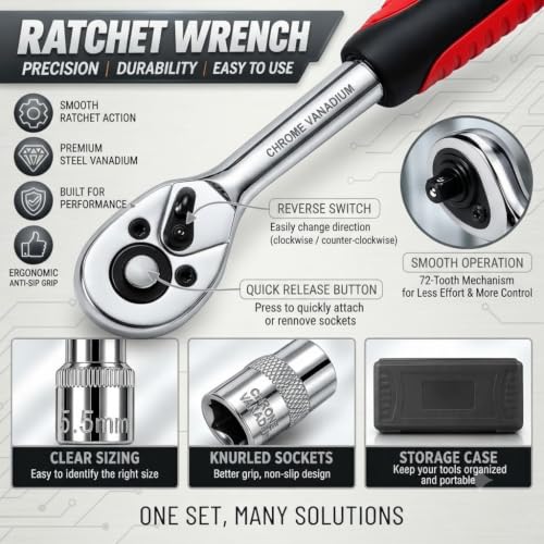 Image of 46PCS Small Drive Socket Ratchet Wrench Screwdriver Set, 1 /4 Inch Metric Socket and Ratchet Wrench Set with Extension Bar, Upgrade Compact Tool Set for Car