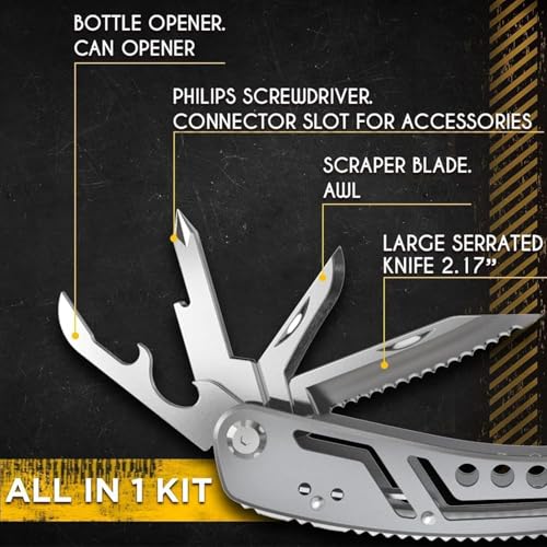 Image of Multi-Function Pliers Tool Set, 24-in-1, Stainless Steel with 11 Screwdriver Bits, Bottle Opener, Safety Hook for Outdoor