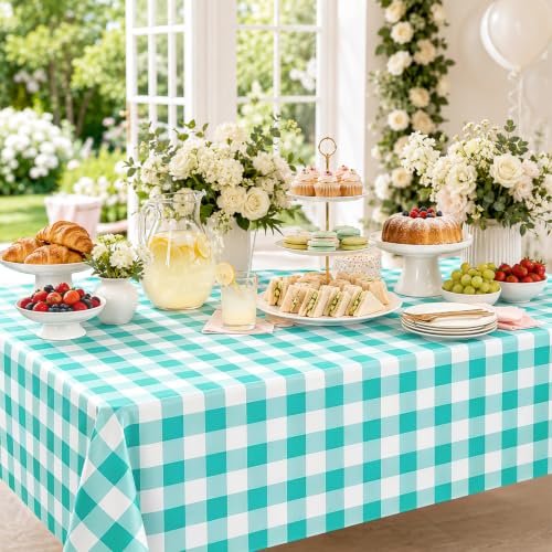 Image of WNINK 2 Pack Mint Green Gingham Tablecloths, 54 x 108 Inch Disposable Waterproof Plastic Table Covers for Rectangle Tables, Picnic, Birthday Party, Baby Shower and Celebration