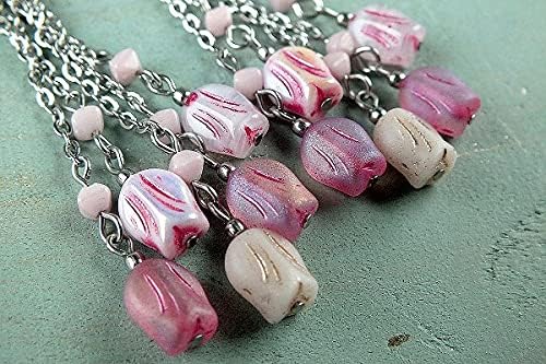 6 pcs Pressed Czech Glass Beads Flower Little Tulip 9 x 7 mm, Pink