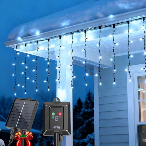 Aigostar Cortina de luzes de Natal para exterior solares, 3 m + 5 m x 0,4 m 100 LED 8 modos, cortinas de luz de Natal exterior, IP65, visualização do nível da bateria, para casamentos, festas. Luz