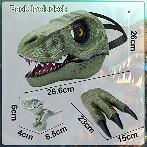 Pwtuuki Dinosaur Mask, Dino Mask Moving Jaw, Dinosaur Costume Mask for Kids, Halloween Costume Pack with 1 Dino Mask, 2 Claws, 2 Dinosaur Toys for Boys Girls, Carnival Christmas Gifts for Kids Adults