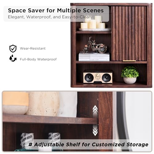 RedLemon Bathroom Wall Cabinet w/Fluted Sliding Door, Modern Medicine Cabinet with Adjustable Shelf, Curved Profile Wall Mounted Storage Organizer, Walnut - Image 6