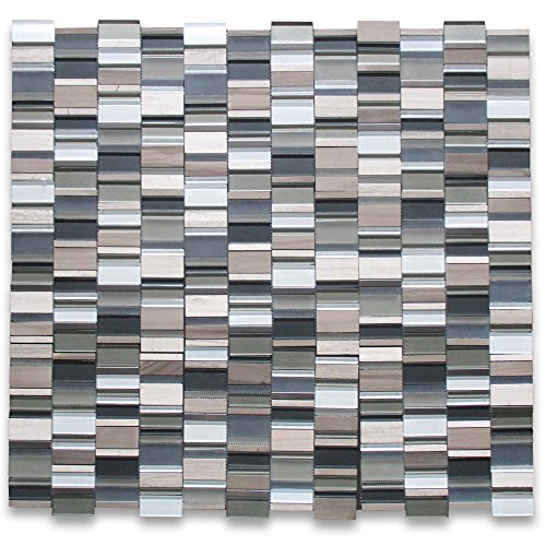 Stone Center Online Multicolor Glass Mix Wood Vein Marble And Stainless Steel Random Brick Mosaic Tile Kitchen Bath Wall Floor Backsplash Shower (1 Sheet) #TOP1