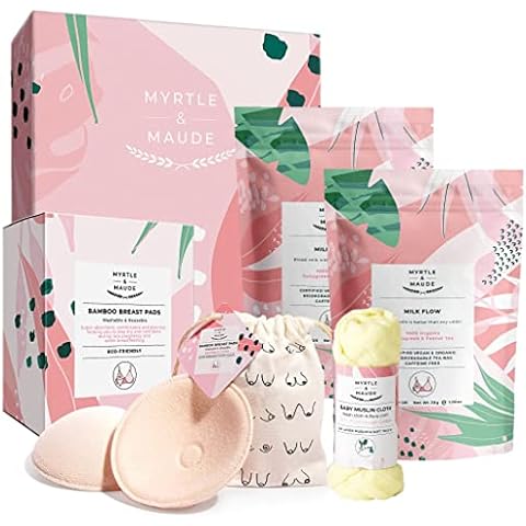 Myrtle & Maude - Breastfeeding Gift Bundle - Best Baby Arrival Gift - Contains Milk Flow Tea With Organic Fenugreek & Fennel Tea, Bamboo & Cotton Breast Pads and 100% Muslin Cotton Cloth (Pack of 4) Cover