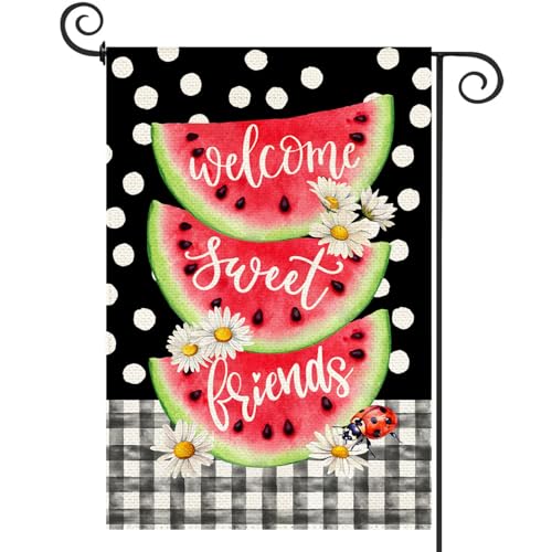 Baccessor Summer Watermelon Garden Flag Double Sided Buffalo Plaid Dot Welcome Sweet Friends Yard Flag Burlap Vertical Seasonal Farmhouse Yard Outdoor Decoration 12.5 x 18 Inch