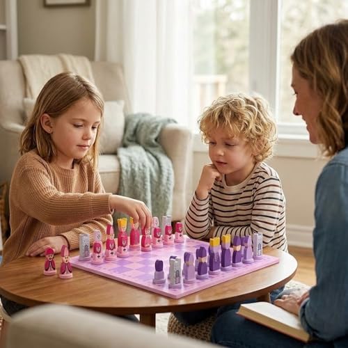 Set de Ajedrez rosa de madera con tablero educativo miniatura 3