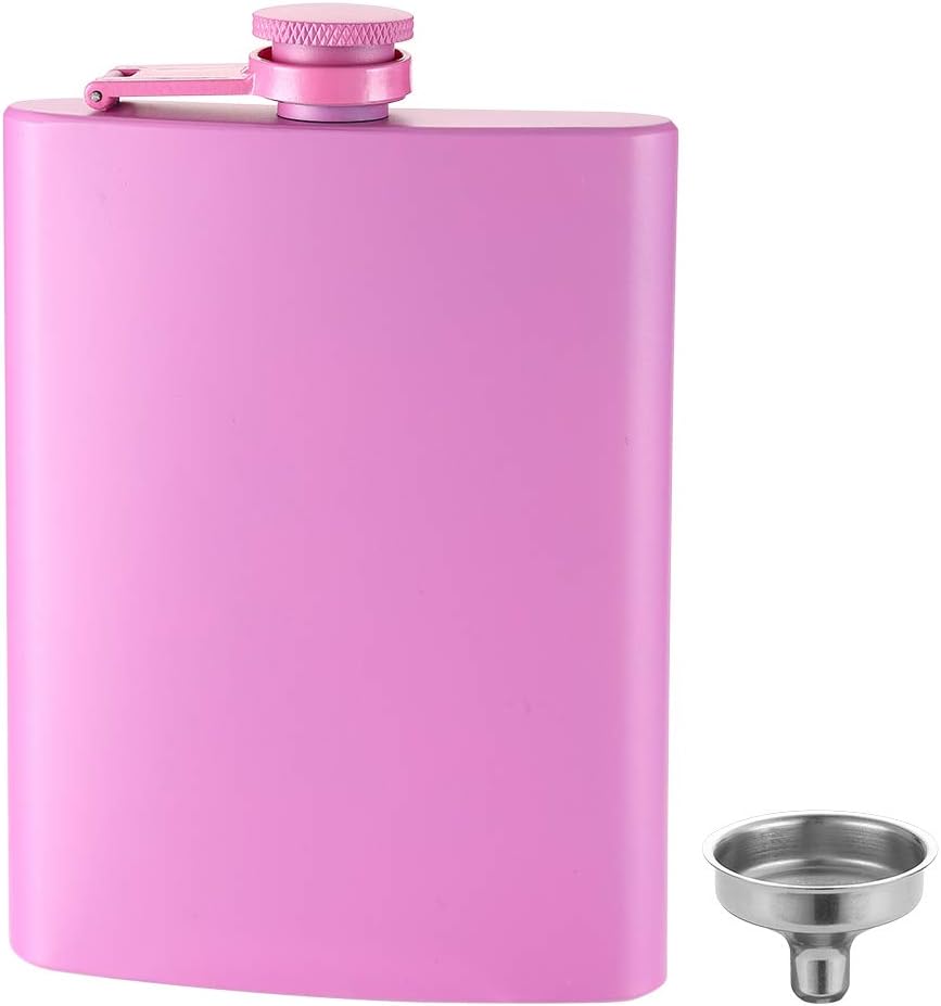 Hip Flask for Liquor Matte Pink 8 Oz 18/8 Stainless Steel Leakproof with Funnel, Never-Lose Cap Flask