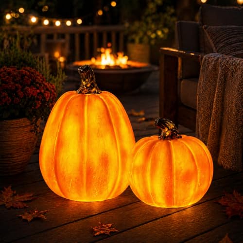 LocusArs Solar Lighted Pumpkin Decor Outdoor Fall Porch Decorations for Halloween Thanksgiving Outdoor Pumpkin Lights LED Glowing Resin Pumpkins Set of 2 for Porch Patio Yard Garden Tabletop