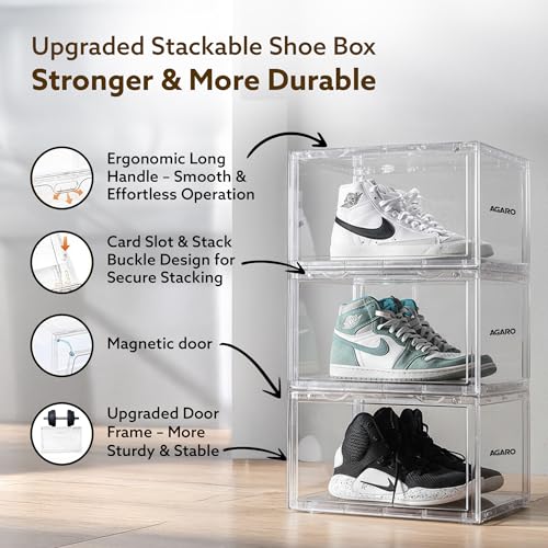 Image of AGARO Stackable Shoe Storage Box Organizer | Heavy Duty, Transparent, Plastic Sneaker Crates Container with Magnetic Door |Space Saving|Organizer for Men & Women| Fits up to Size UK 12 | Pack of 12