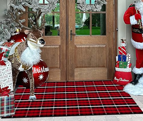 Christmas Checkered Outdoor Rug 24 x 51Red Black Buffalo Plaid Front Porch Rug Washable Hand Woven Cotton Welcome Doormat for Layered Doormat Front Porch Decor