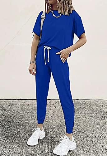 Image of PRETTYGARDEN Women Summer Two Piece Outfits Striped Short Sleeve Pullover and Long Pants Tracksuit Travel Pajama Lounge Set