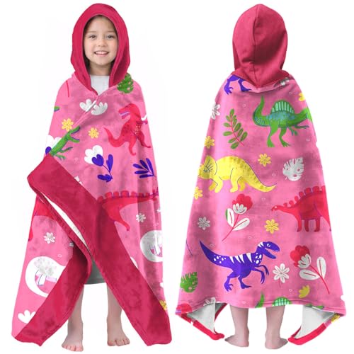 Image of Dinosaur Girls Beach Towel with Hoodie for Kids Toddlers Age 4-8, Pink Bath Towels Shower Wrap for Girls, Hooded Poncho Beach Blanket for Pool Swimming Cute Wearable Bath Towel for Child