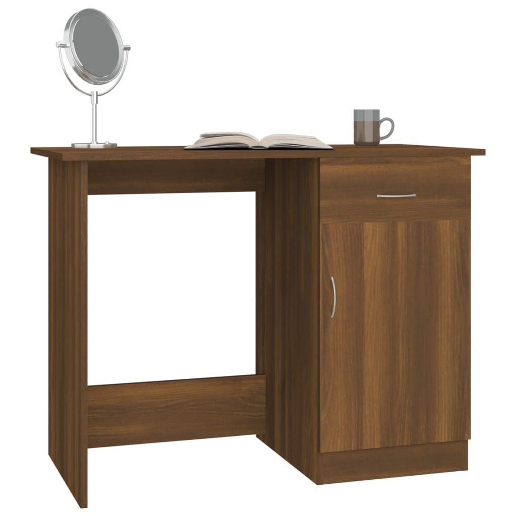 Scrivania marrone effetto rovere, 100 x 50 x 76 cm, con cassetto e porta, per ufficio, casa e ufficio, postazione di lavoro salvaspazio, per laptop e PC