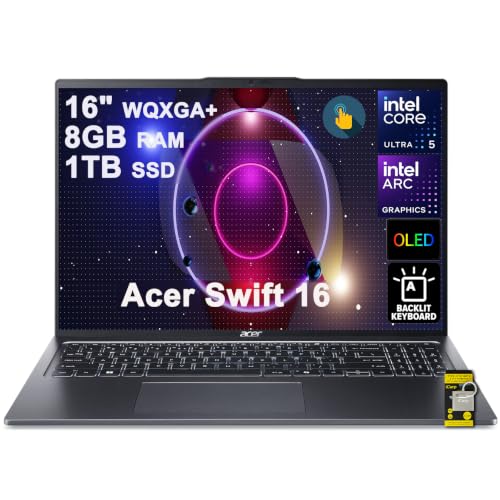 Image of Acer Swift 16 AI Laptop 16 inch WQXGA+ 3200x2000 OLED 120Hz Intel 14-core Ultra 5 125H 8GB RAM 1TB SSD Backlit Fingerprint Thunderbolt Wi-Fi6E for Creator Designer Business Professional Win11 ICP Hub