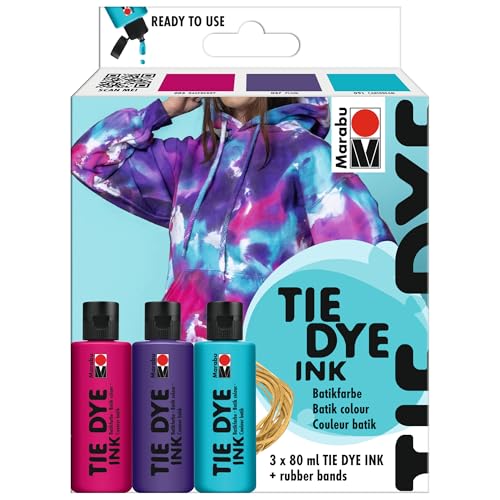 Marabu TIE DYE INK Batikfarben Set Trend, 3 x 80 ml Farbe auf Wasserbasis, inkl. Gummibänder, strahlende Batikfarbe für helle Textilien bis 20% Kunstfaseranteil, 1730000000202