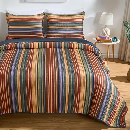 Image of Chezmoi Collection Avery 3-piece Multi-Color Striped 100% Washed Cotton Quilt Set Queen Size