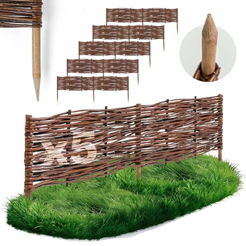 5 x BOGATECO Beeteinfassung aus Weide | 100 cm Lang & 20 cm Hoch | Holz-Zaun Rasenkante | Weiden-Zaun Steckzaun Perfekt für den Garten als Weg-Abgrenzung | Gartenzaun Weidezaun Zaunelemente