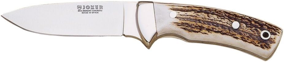 Joker Knife of whole mount with ferrule, hooks in shaft of deer, blade MOVA of 3.9 in, total 8.2 in, with leather sheath, CC23 + multipurpose card of gift